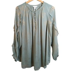 Lauren Conrad Plus 2X Sage Green Gold Floral Print Ruffle Neck Blouse Top